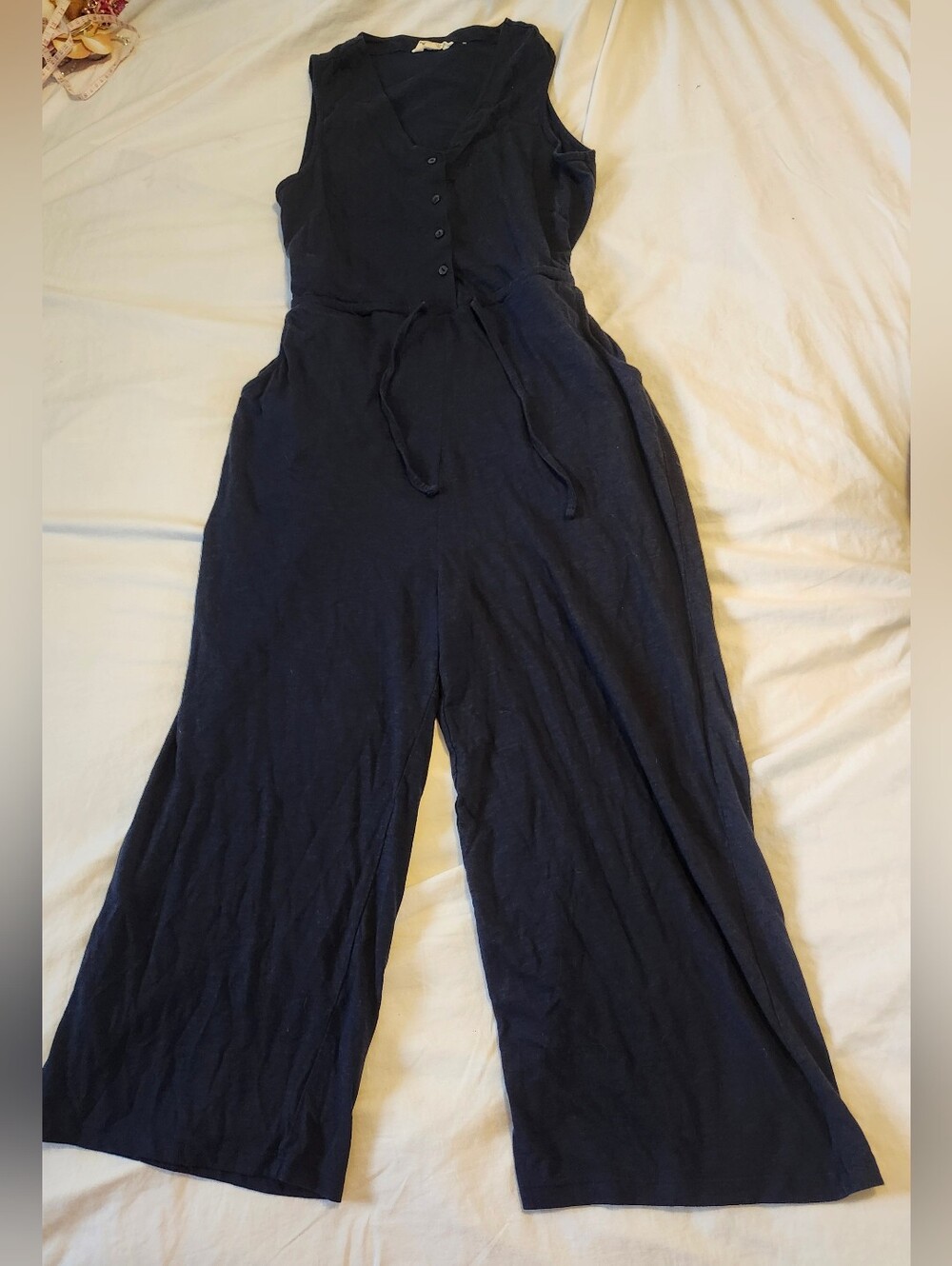 Sleeveless Navy Wide-Leg Button-Front Jumpsuit